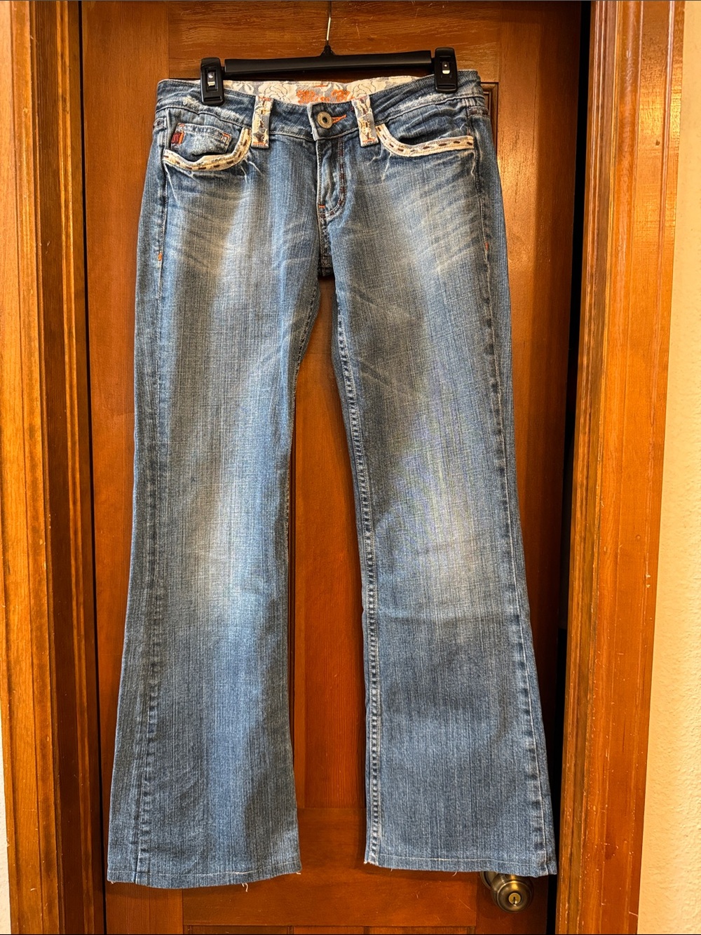 Miss Me Light Blue Small Flare Jeans with Embroidered Waistband Size 29